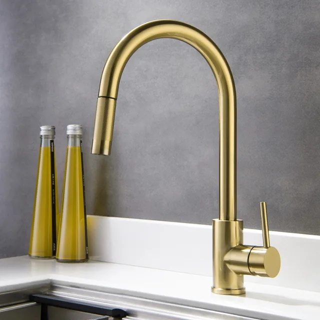 Stainless Steel Faucet Sink brushed gold top quality kitchen sink faucet lead free all stainless steel kitchen faucet pull down cold and hot mixer faucet