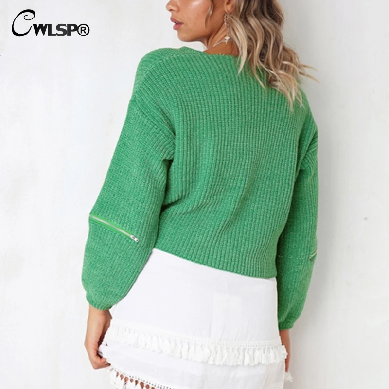 CWLSP Autumn Winter V Neck Zipper Sleeve Sweater Women Casual Jumper Knitted Loose Pullover Female Pull Femme Casaco Feminino