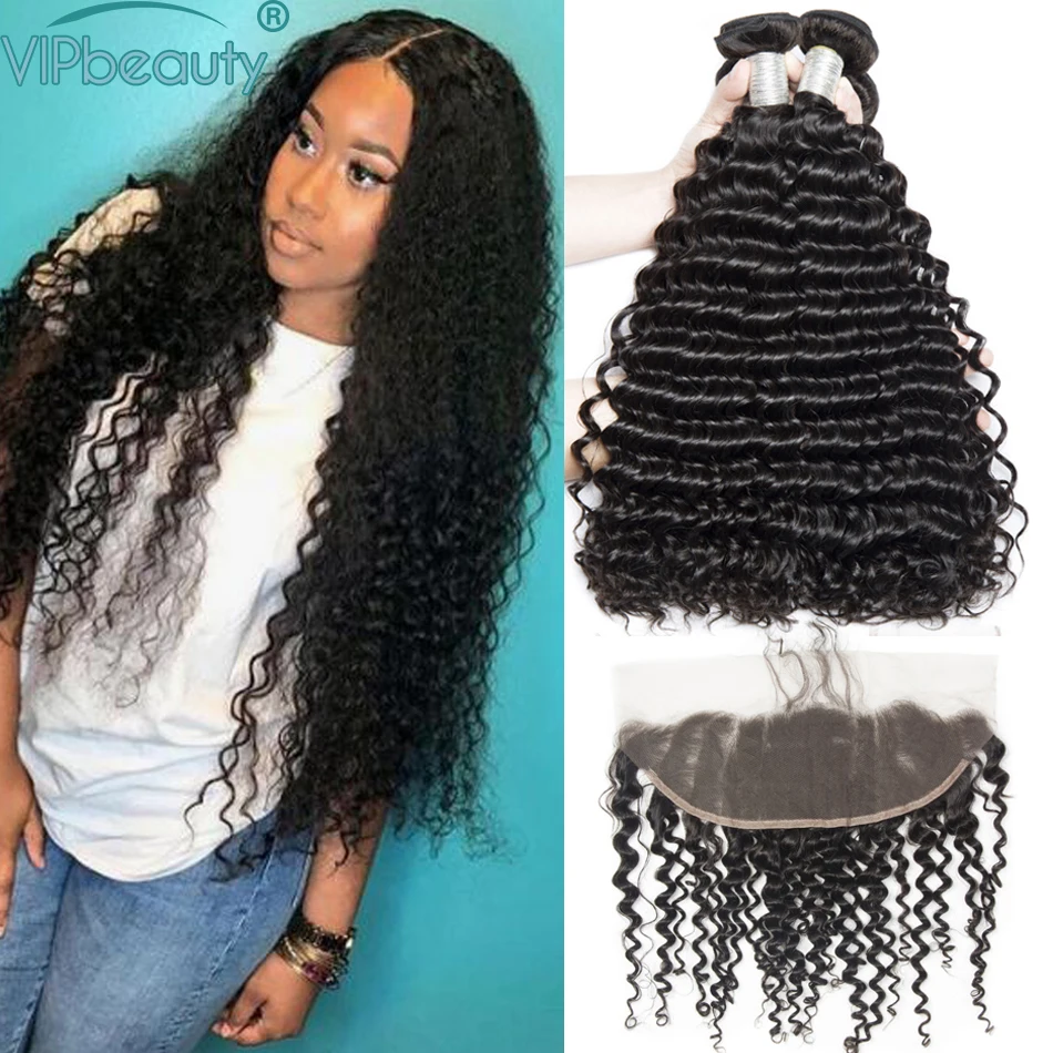 

Vipbeauty Malaysian Deep Wave 13x4 Lace Frontal Closure with Bundles Remy Hair Human Hair Bundles with Closure