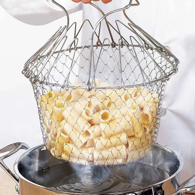 

Foldable Steam Rinse Strainer Stainless Steel Colander Magic Mesh Basket Drainer Frying French Fryer Tool Kitchen Cooking Basket