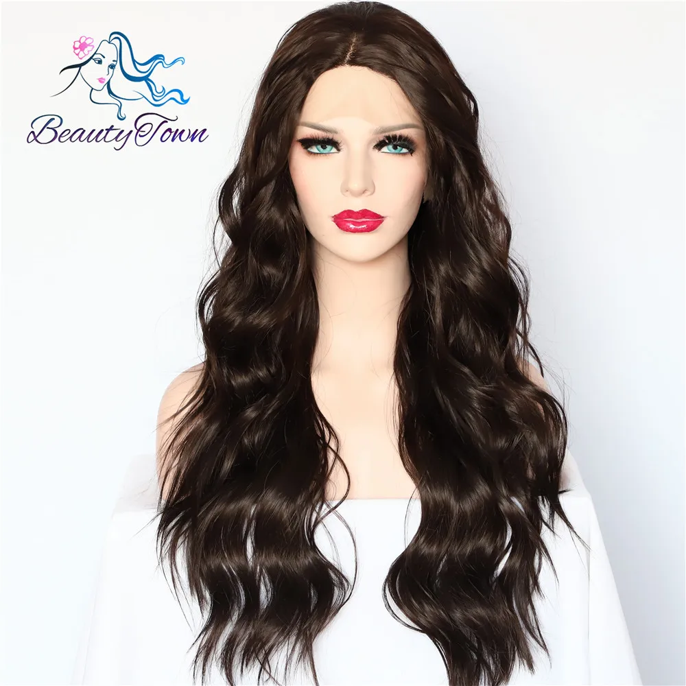 

BeautyTown Brown Color Natural Wave Futura No Tangle Heat Resistant Hair Party Synthetic Lace Front Wigs Women Wedding Present