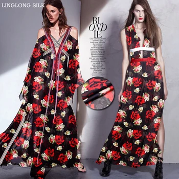 

PRINTED SILK CHIFFON 135cm width 8momme/100%Pure Silk Fabric Print Rose Wholesale Chiffon Fabric for wedding Dress Fabric