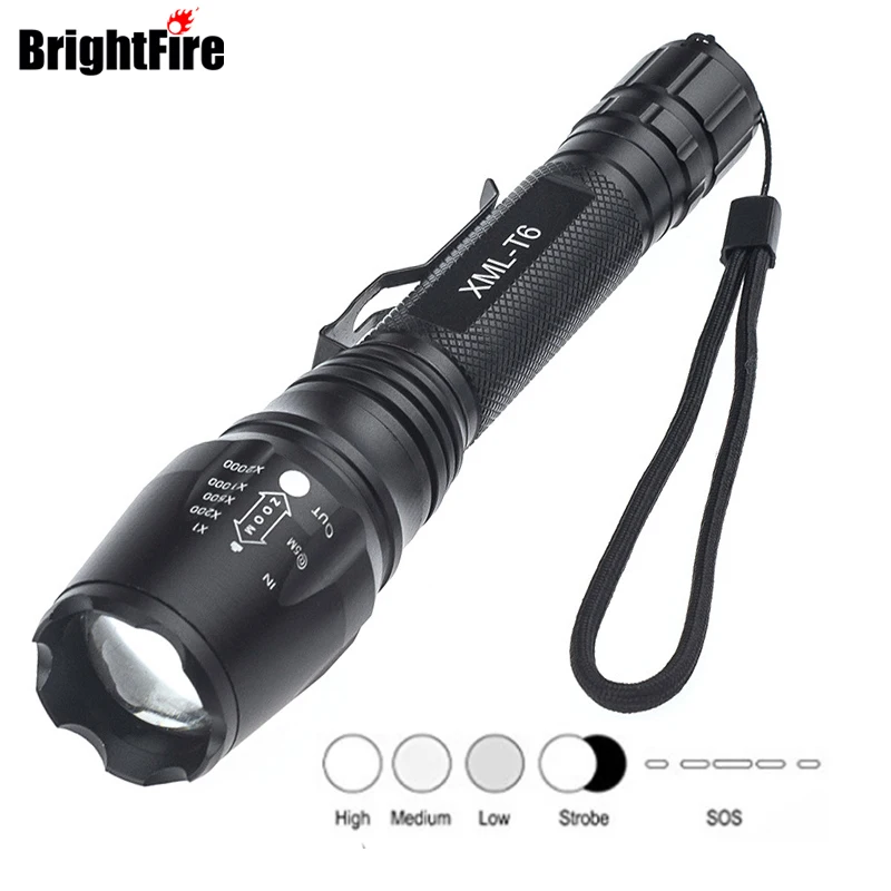 

Super Bright Strong Light Zoom XML-T6 5 Modes LED Flashlight Waterproof 6000 Lumen Police Flashlights 18650 Torch Lights