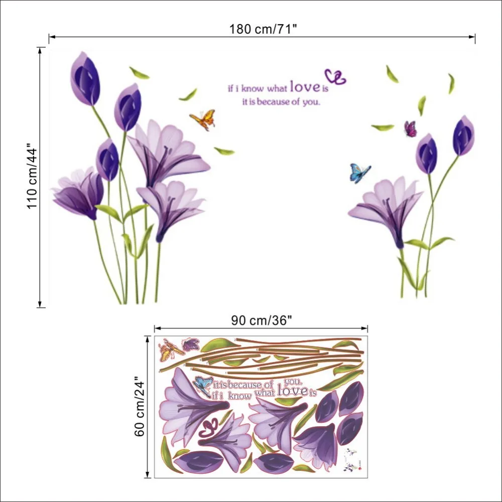 60*90 см большая фиолетовая Лилия Цветок Любовь цитаты Декоративная Гостиная Девушки Спальня наклейка на стену винил домашний декор наклейка плакат