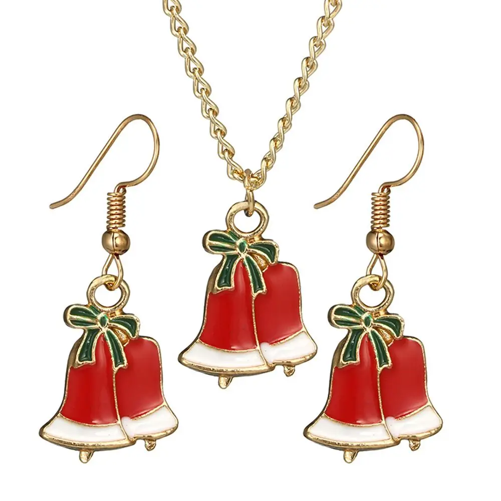 Lovely Red Christmas Bell Pendant Earring Necklace For Women Charm Dangle Earring Gold Chain