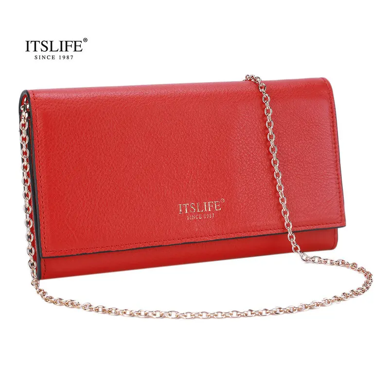 

New Arrival Women's Genuine Leather Long Wallet Contrast Color Cowhide Clutches with Chain Card Holder Lady Hasp Purse Fashion