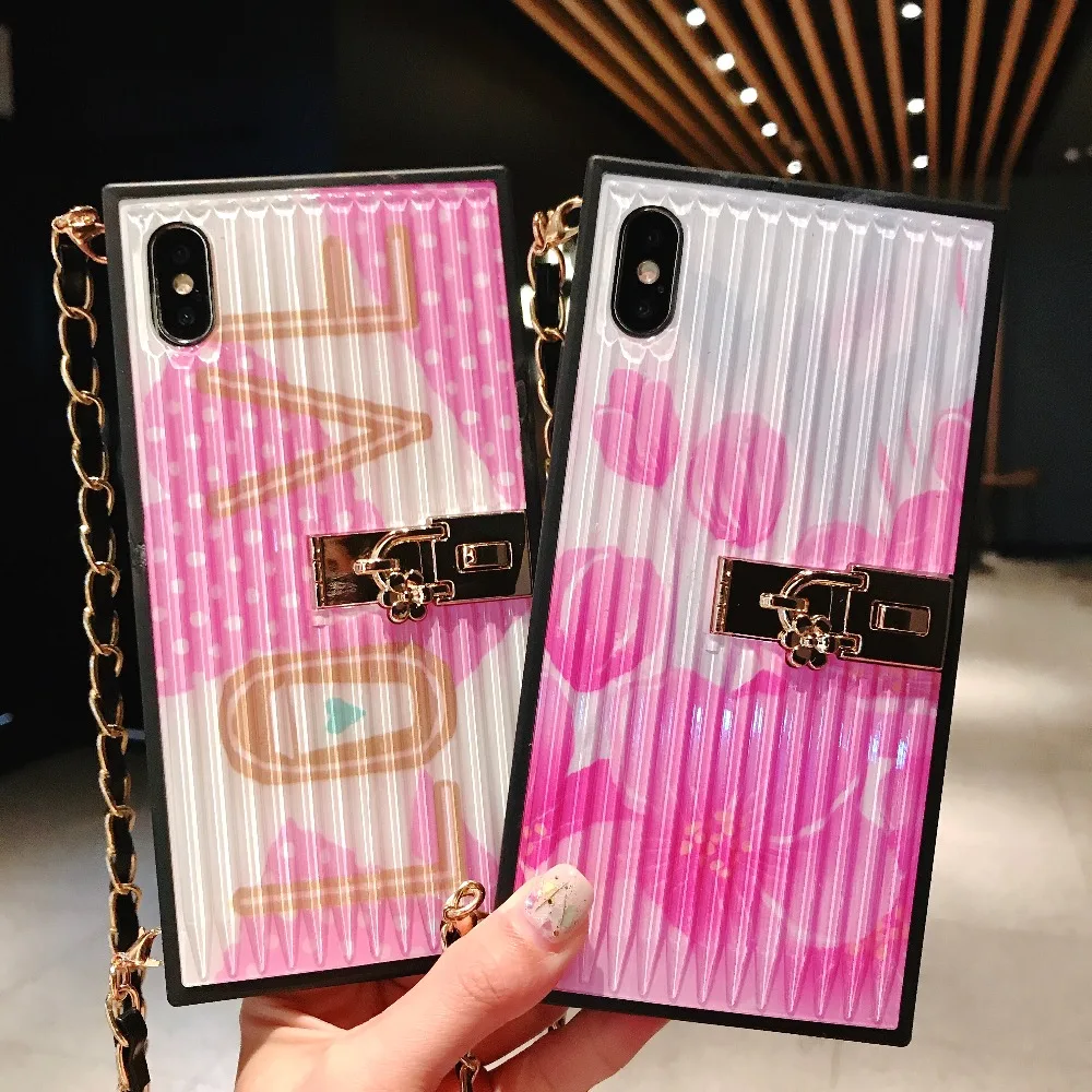 Luxury Cases for iphone XS MAX XR X 8 7 6 6S plus case cover fashion pink Cherry blossoms with long chain Silicone+PC Phone Bag |