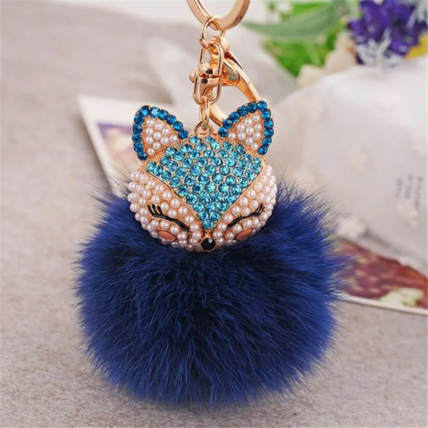 Fur Ball with Artificial Fox Head Inlay Pearl Rhinestone Key Chain New Fashion Car-styling Car key rings | Автомобили и мотоциклы