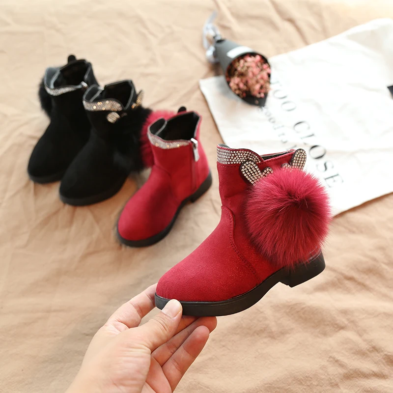 2018 Girls Rhinestone Glitter Boots with cashmere cotton, Bunny Ears, Kids lovely Fur Ball winter warm shoes, black and Red   (6)