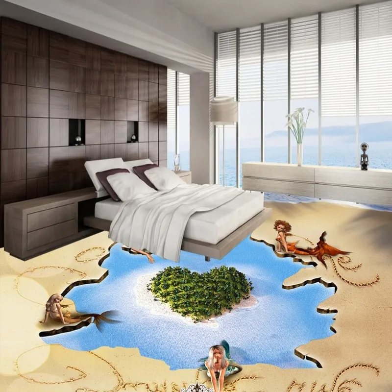 

Free Shipping Custom cartoon Love Island Mermaid 3D stereo Floor Self-adhesive wallpaper shopping mall square flooring mural