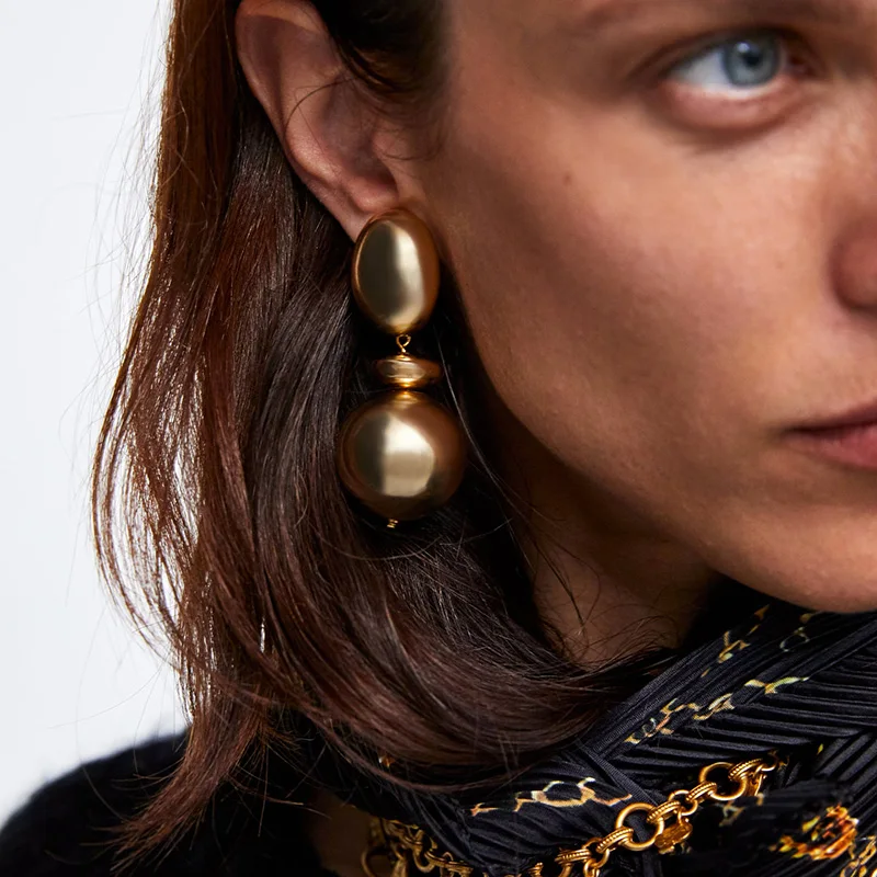 

ZA Vintage Gold Color Metal Ball Dangle Earring For Women Bohemia Big Round oval Statement Drop Earring Party Jewelry Wholesale