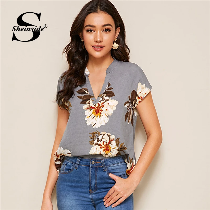 

Sheinside Casual V Neck Floral Print Blouse Women 2019 Summer Cap Sleeve Chiffon Blouses Ladies Grey Curved Hem Top
