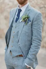 2017 neuesten Mantel-Hose Designs Hellblau Bettwäsche Hochzeit Anzüge für männer Formale Strand Bräutigam Custom Männer Smoking 3 Stücke Terno 31