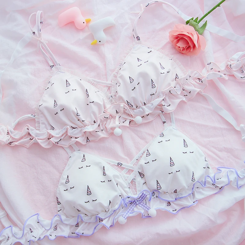 

Cute Anime Unicorn Lingerie Set Sweet Women's Cross Bandage Bow Pom Pom Ruffle Design Lace-up Panties Underwear Bra Briefs Sets