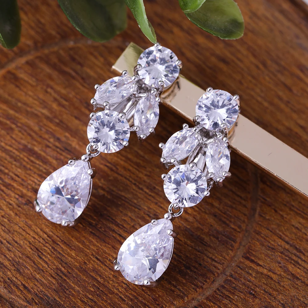 Aaa Cubic Zirconia Clip Earrings Clear Zircon Stone Non Piercing Luxury Aaa Clear Cubic Zirconia Cz Silver Color Dangle Clip On Earrings Sparkly Zircon Flower