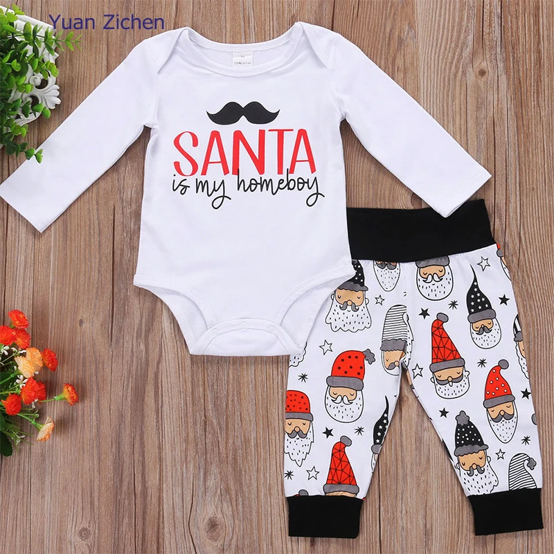 Newborn Infant Baby 0-24M Clothing Body Long-Sleeve Jumpsuit+Pant Romper 2PCS Outfit Clothes Cartoon Christmas Cap Winter