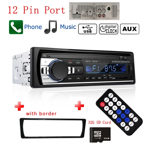 12Pin with 32G Card Podofo Авторадио JSD-520 12V In-dash 1 Din Bluetooth автомагнитолы SD MP3 плеер Авто Аудио Стерео FM приемник Aux вход - Цвет: 12Pin with 32G Card