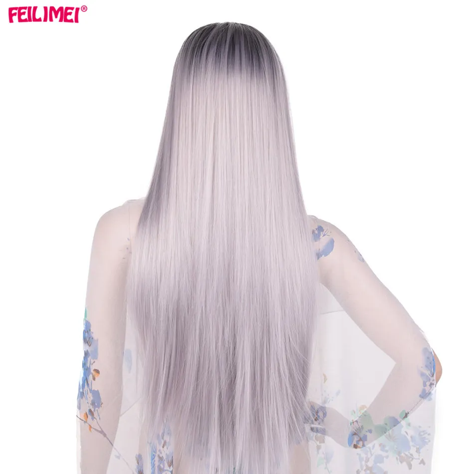 Feilimei Ombre Grey Wig Синтетическое японское волокно 60см 280г Длинные прямые штаны Черные серые парики для женщин Наращивание волос