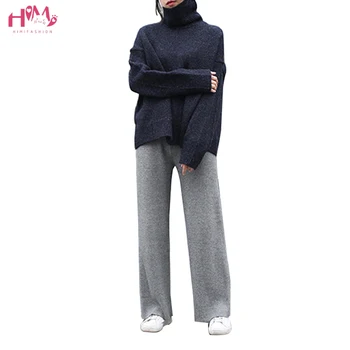 

Autumn Winter Ulzzang Leisure Knitted Broad Leg Pants Pure Color Elastic Waist All-match Thicken Straight Long Pants Black Gray