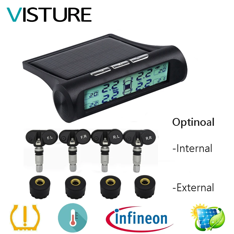 

Tire Pressure Alarm Monitor System Car Solar TPMS Display 4 Internal / External Sensor Temperature Warning Visture D01W D01N