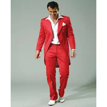 

2017 Stylish Red Men Suit With Long Jacket Best Mens Suits For Weddings Handsome Men's Show Tuxedos (Jacket+Pants+Tie)
