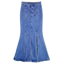 Женские эластичные джинсовые юбки с разрезом спереди, женские повседневные джинсовые синие длинные юбки с высокой талией и карманами на пуговицах, Saias, лето