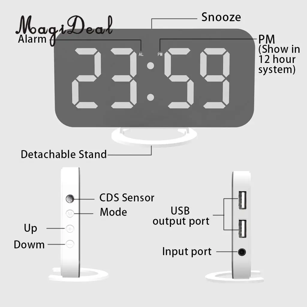 Phone Charging USB Alarm Clock Digital Clock with Large Easy-Read LED Display Diming Mode Snooze Function Mirror Surface