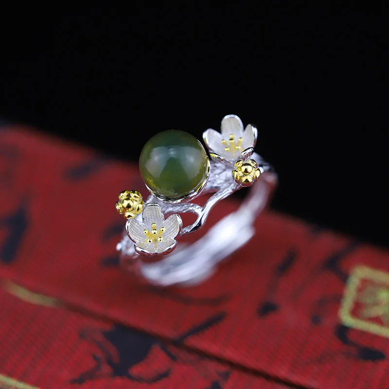 

Genuine Solid Silver Ring 925 Handmade Womens Rings Jewelry Blue Amber Natural Stone Beautiful Plum Flowers Fine Jewelry