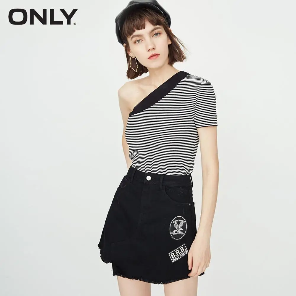 

ONLY Summer Letter Patch Raw-edge Irregular Denim Skirt |118337510