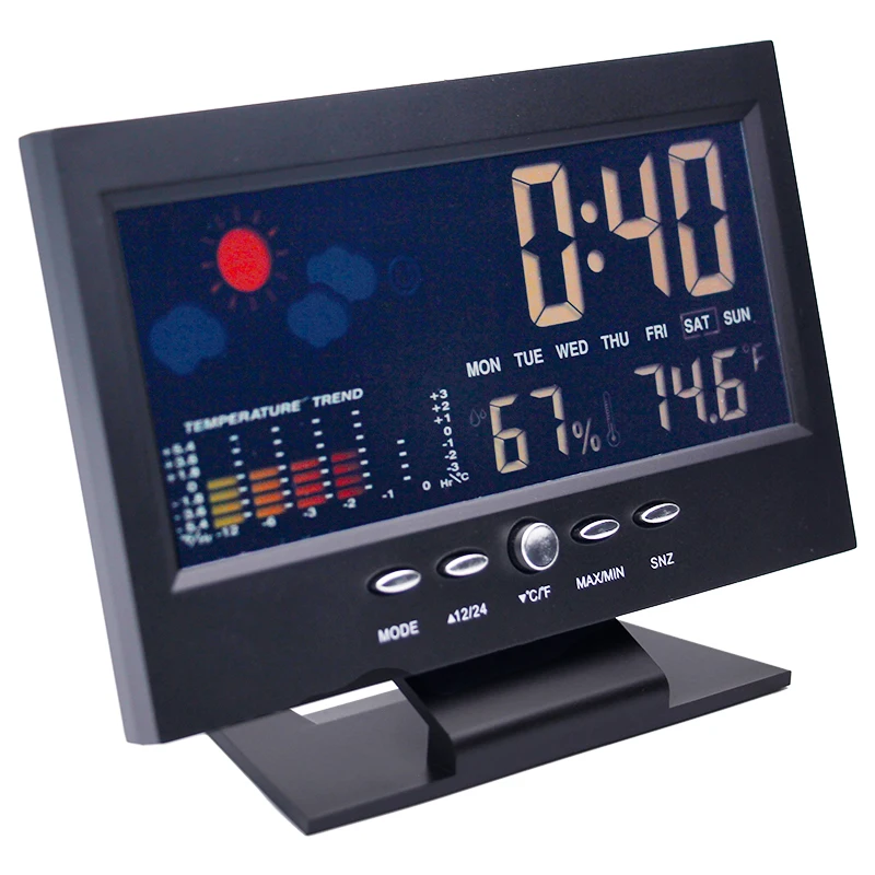 Mini Digital Weather Clock Thermometer Hygrometer Calendar Alarm Clock with Large Screen Display voice-activated backlight Mini Digital Weather Clock Thermometer Hygrometer Calendar Alarm Clock with Large Screen Display voice-activated backlight