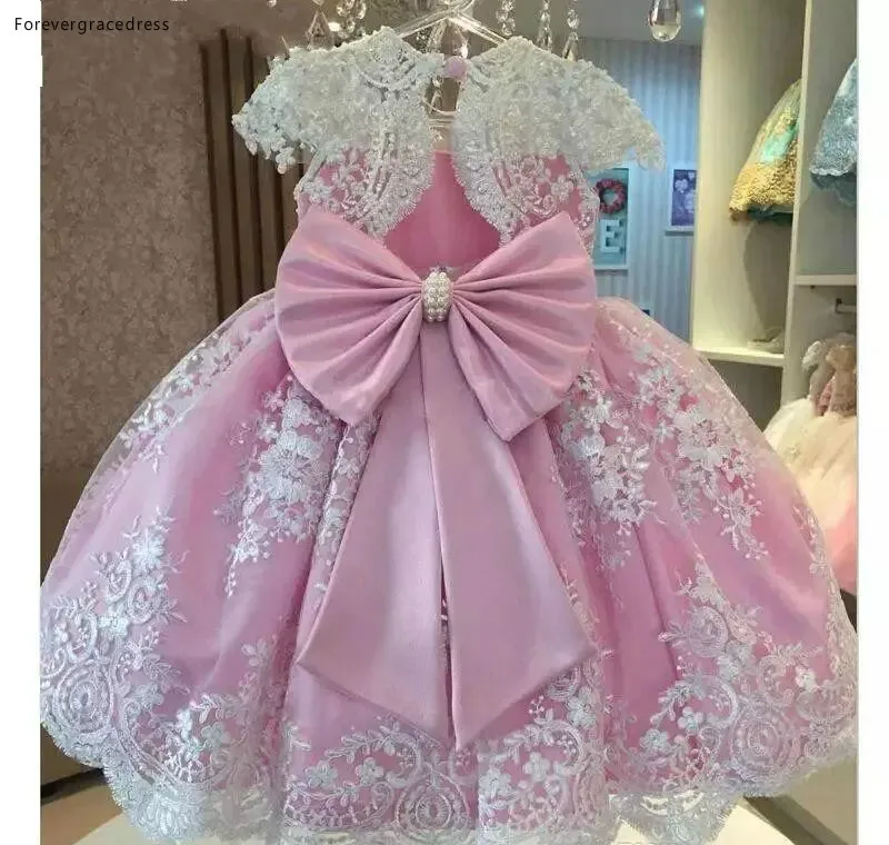 Lovely Pink Toddler Kids Flower Girl Dresses Sheer Cap Sleeves Appliques Beaded Belt Ruffles Girls Formal Party Pageant Dresses  114 (2)
