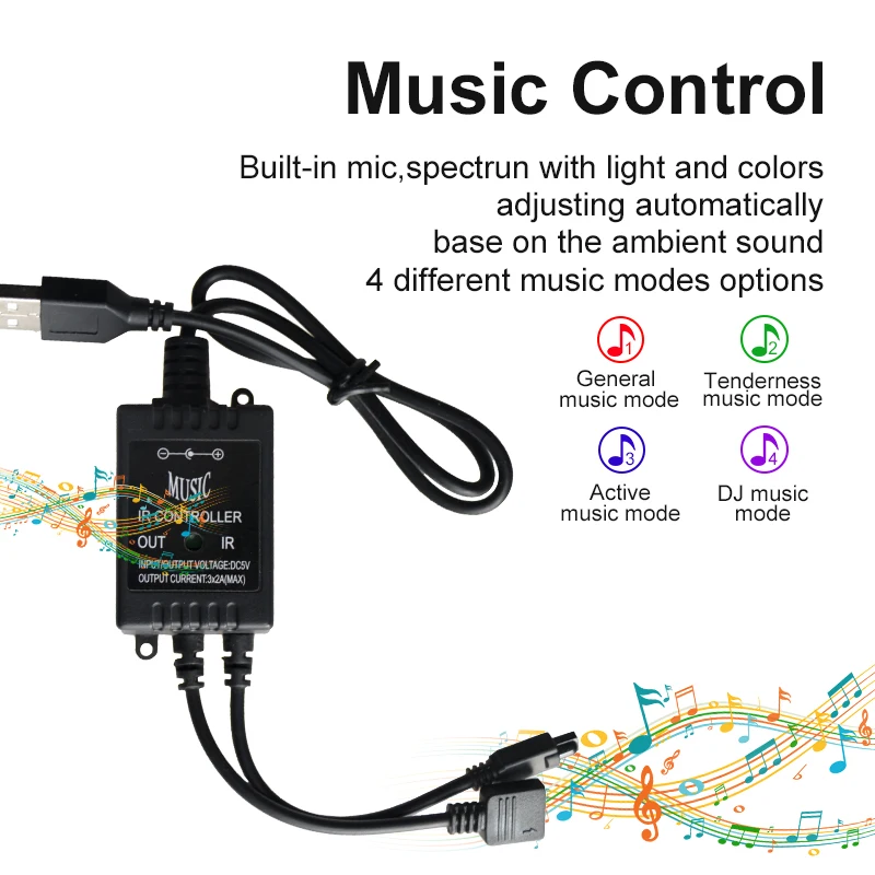 HKZZI 5050 USB СВЕТОДИОДНЫЙ светильник RGB 5 в 0,5-1 м-2 м-3 м фоновая телевизионная цветная светодиодная полоса музыка и ИК-контроллер 20 клавиш