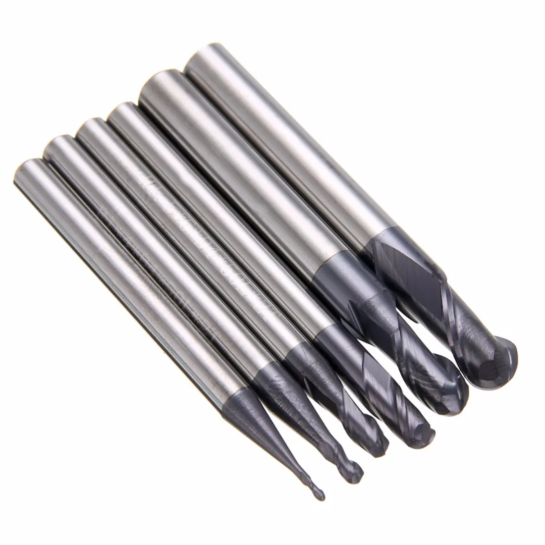 6pcs Ball Nose 2 Flute End Mill Set Solid Carbide CNC Milling Cutting Bit Nitrogen Coated R0.5/1.0/1.5/2.0/2.5/3.0mm