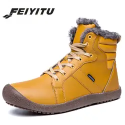 FeiyituWaterproof зимние сапоги высокие Меховая подкладка зимняя обувь Для мужчин теплые кожаные Ботильоны плюс размеры 38–46 черный желтый