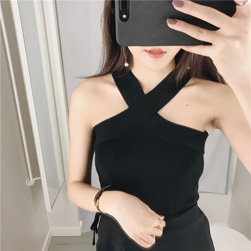 

Women's Sexy Knitted Cross Tank Tops Korean Version Chic Spring Summer Vest Off-Shoulder Bottom Fashion Streetwear Tee Shirt