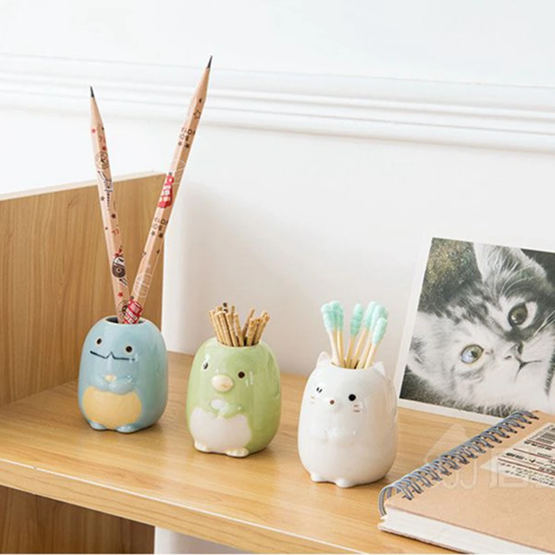 

WHISM Cute Toothbrush Holder Cartoon Animal Ceramic Bathroom Accessories Pencil Toothpick Makeup Q-tip Holder Toothbrush Case