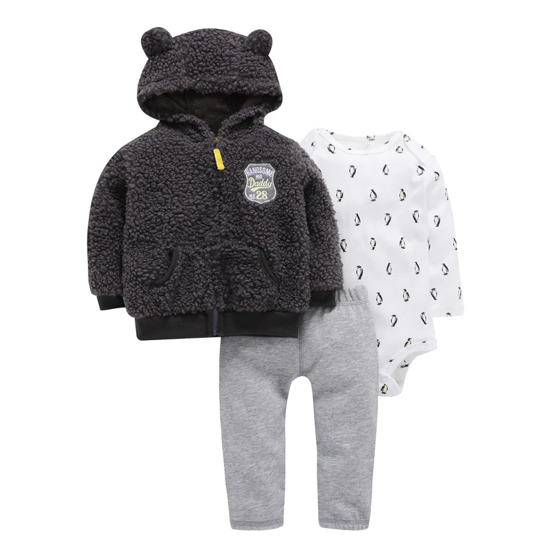 

3 piece baby boy clothes set newborn boy animal model fleece Long sleeve jacket+cotton rompers+pant gray Autumn winter outfit