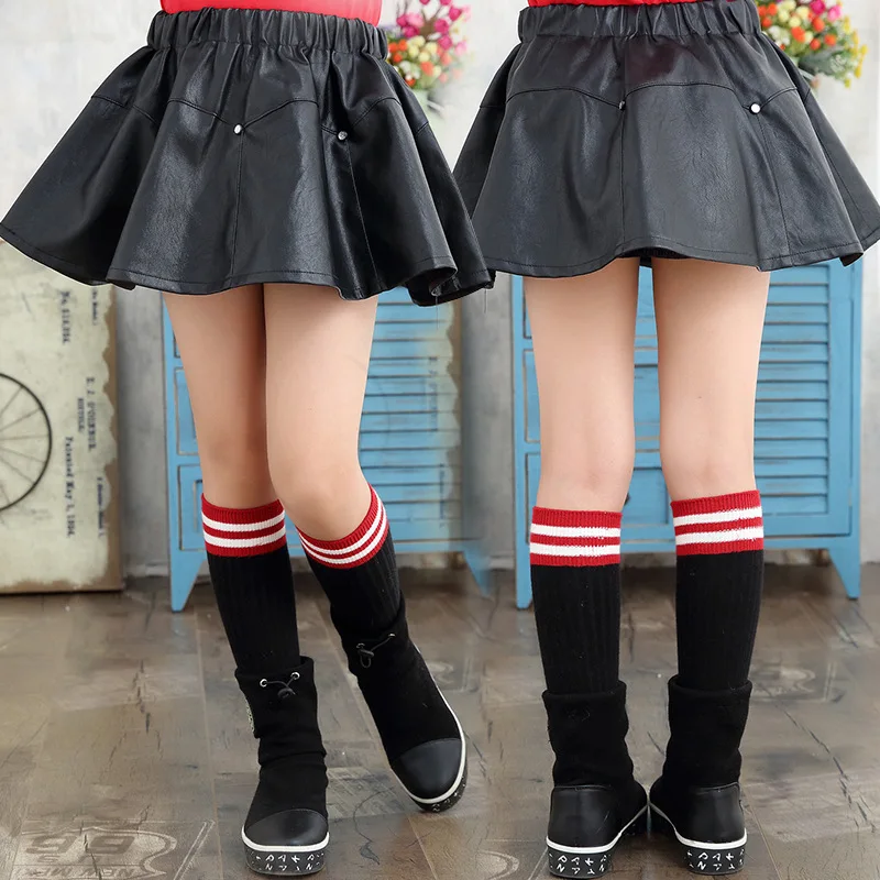 2017 New Girls Black Skirts Fashion Elastic Waist Baby Girl PU Faux