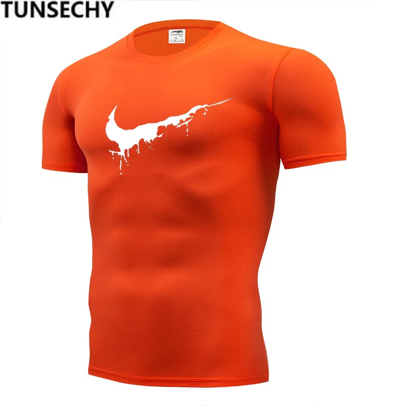 

2019 new casual men's and women's short sleeved t-shirts, summer orange print fitness T-shirt with round neck