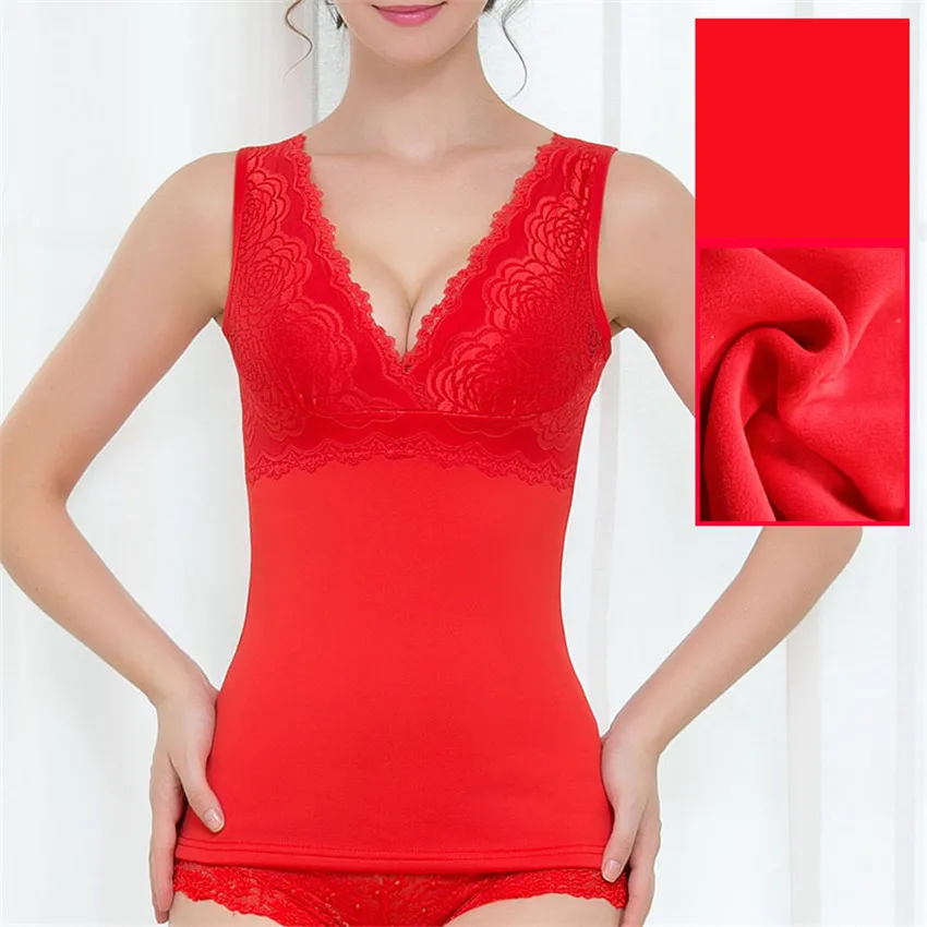 Autumn Winter Slim Lace Patchwork Camisoles Warm Thickening Women Vest Bottoming Shapewear Sexy Velvet Sleeveless Tanks Mw024