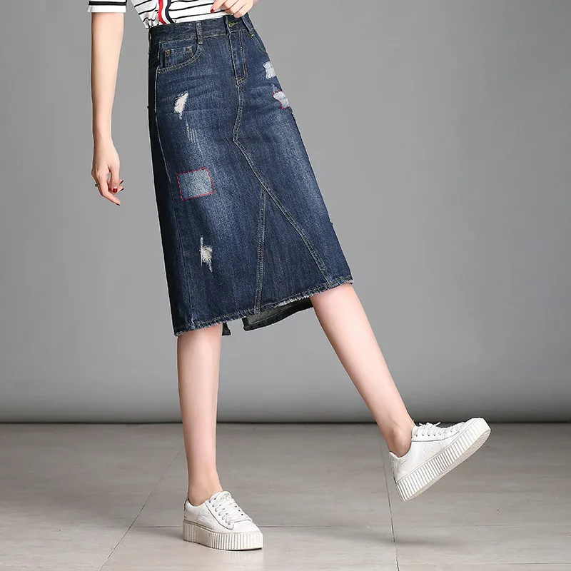 Джинсовая юбка с дырками, женская летняя юбка трапециевидной формы с завышенной талией, джинсовая юбка средней длины, юбка большого размера 5XL, юбка B063