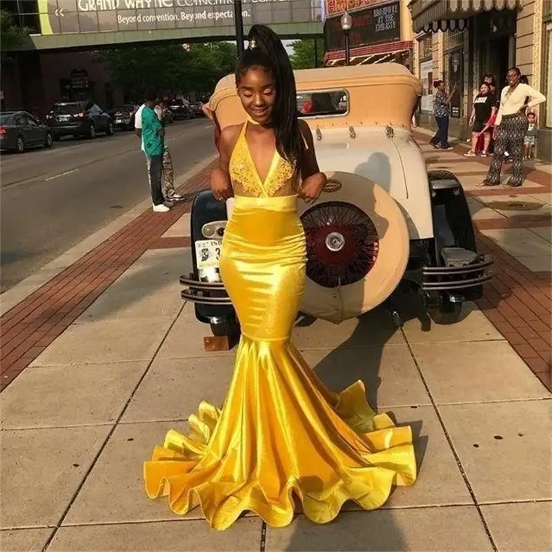 African Deep V Neck Mermaid Yellow Prom Dresses Long Appliqued Halter
