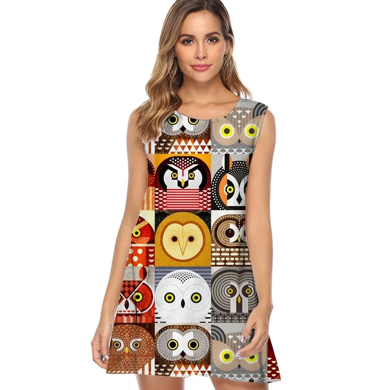 

Womens Summer Mini Dress Ladies North American Owls Printed Vintage Beach Party Short Dress 2019 Chiffon Sleeveless dress