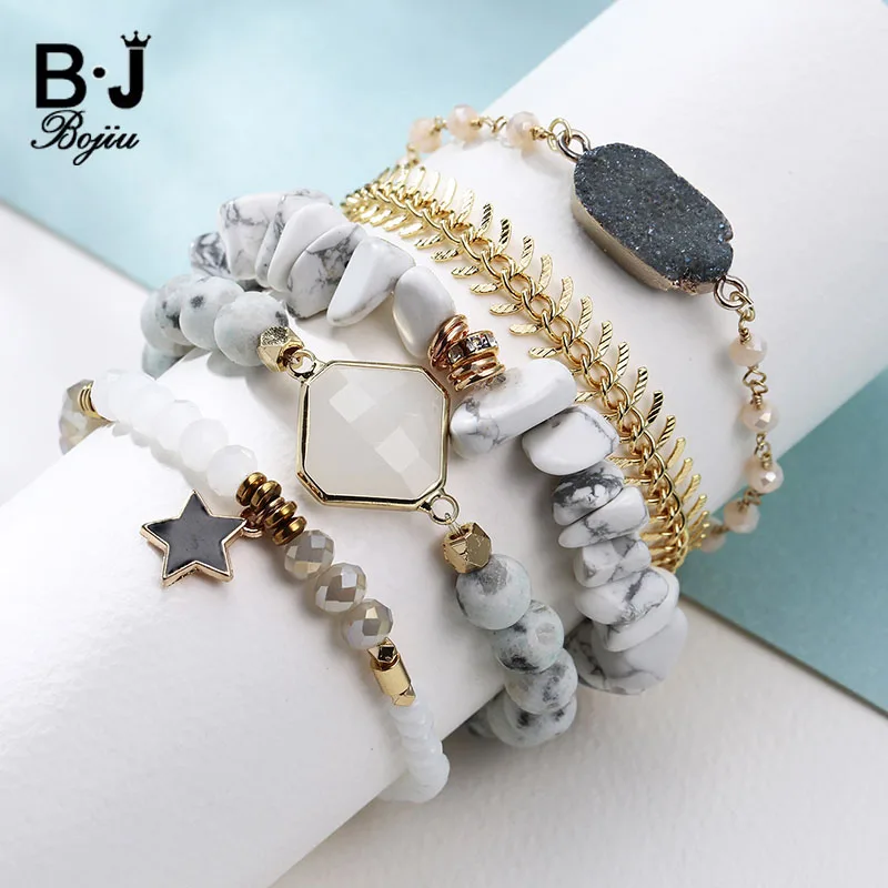 Bojiu 5 шт./компл. подвеска в виде черной звезды белые чипы Howlite эластичный браслет