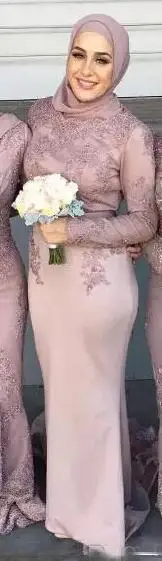 Новые мусульманские Арабская Высокая шея с длинным рукавом нарядные платья длинное, до лодыжки аппликация кружева Бледно-розовый Для женщин торжественное платье - Цвет: as pic
