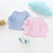 Рубашки для девочек блузки в полоску с длинными рукавами в европейском стиле для маленьких девочек льняная хлопковая рубашка с круглым вырезом футболки для девочек, сверло вверх