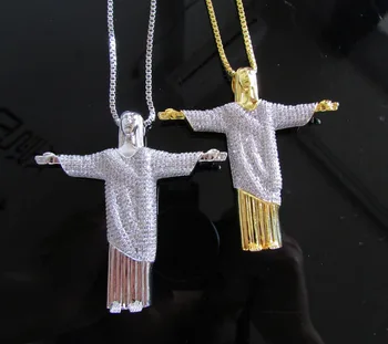 

High quality box chain 600+ Simulated diamonds 70mm jesus Christ the Redeemer bling hip hop mens necklace