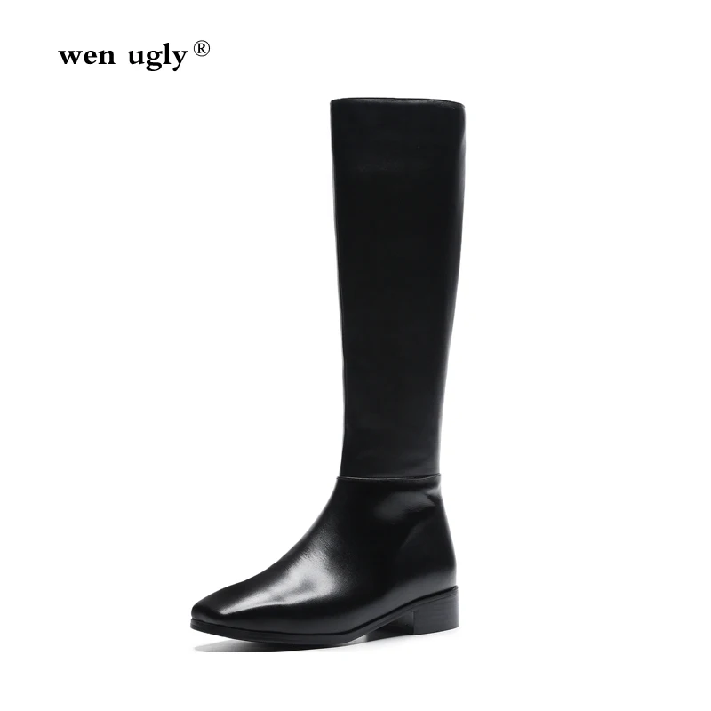 

wen ugly Fashion women's boots leather high boots women's winter boots 2019 new casual party flat Knight riding boots