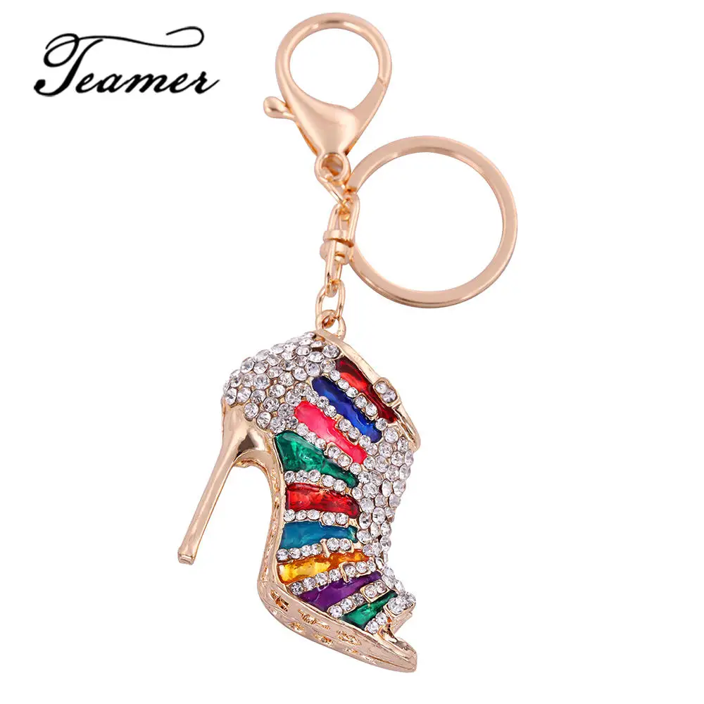 

Teamer Colorful Enamel Keyring Gifts for Women Red Purple Drip Oil Key Chain Luxuy Crystal High-heeled Shoes Keychain Gold Color