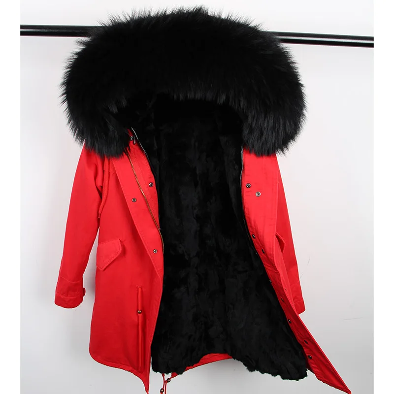 Зимняя куртка с подкладкой из кроличьего меха, пальто, длинная парка с капюшоном, женские парки, верхняя одежда, большая Зимняя парка с воротником из натурального меха енота - Цвет: MK-19